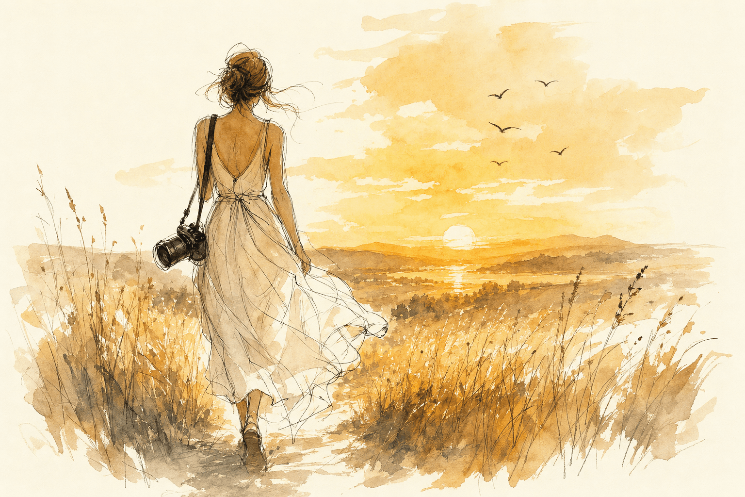The photographer walking into a golden evening, camera over her shoulder