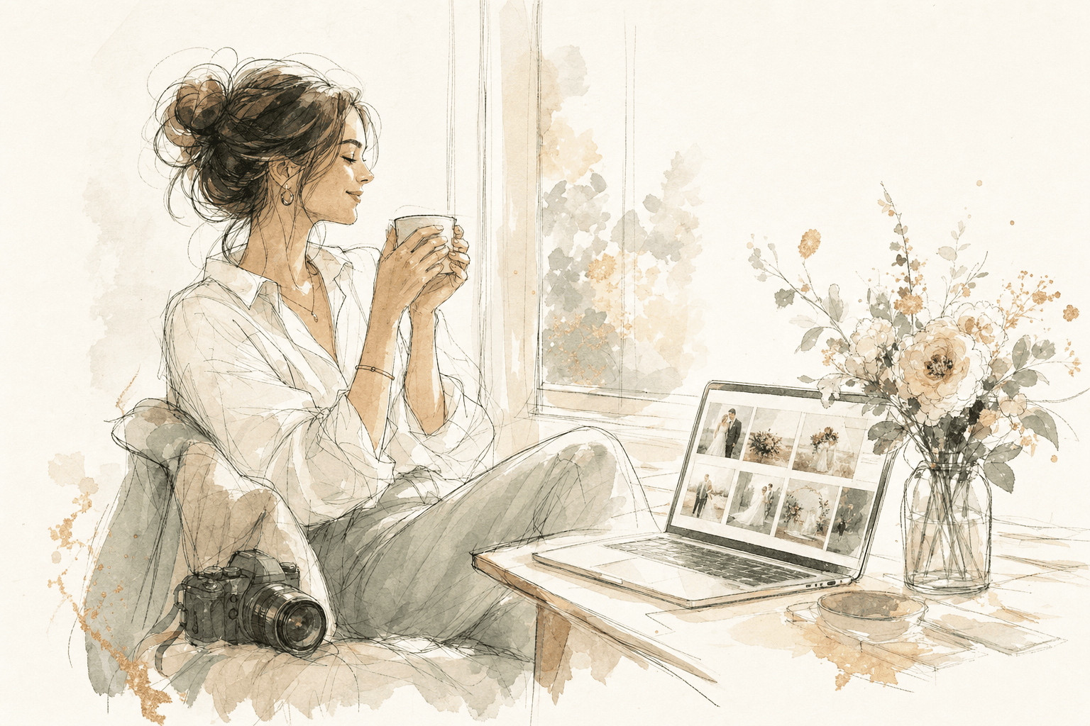 The photographer reviewing her prepared week over morning coffee