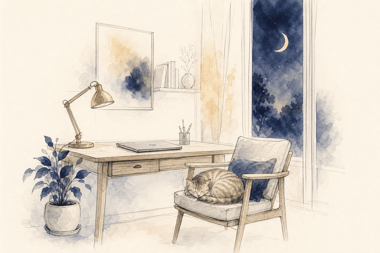 Her desk at night, lamp off, laptop closed, the cat asleep in the chair